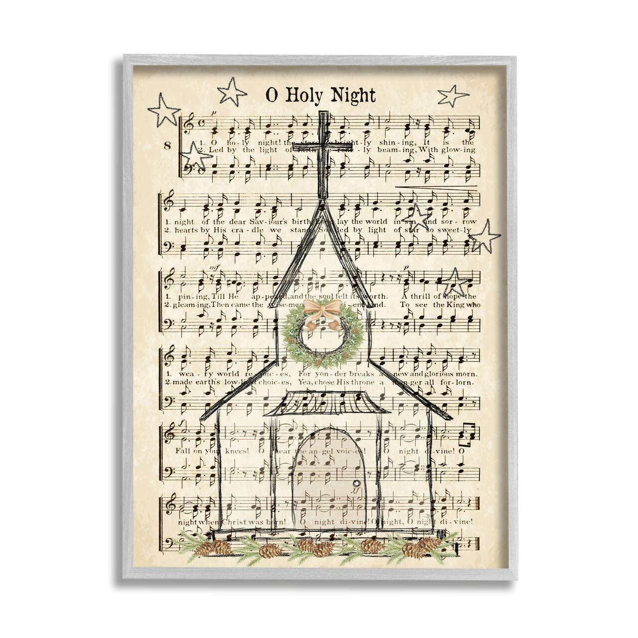 Stupell Industries Festive Winter Church Holy Night Musical Script Framed Wall Art